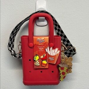 Red Mini Charm Tote with Checkered Crossbody Strap